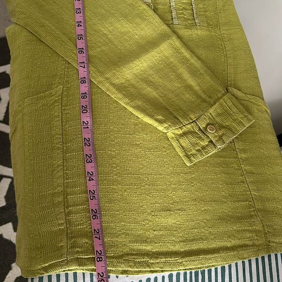 FLAX 100% LINEN “ I Am Happy” Embroidered Long Sleeve Top Lime Green Size S - Picture 8 of 9